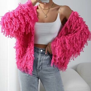 Hot Pink Fuzzy Open Knit Cardigan